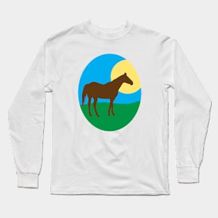 Brown Horse in meadow with sun Long Sleeve T-Shirt